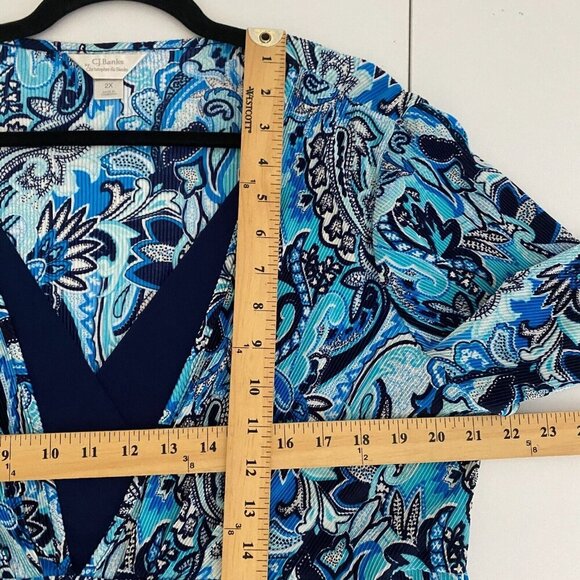 CJ Banks Blue Floral Pleated Blouse Size 2X V Neck 3/4 Sleeves Layered Look - Picture 8 of 10